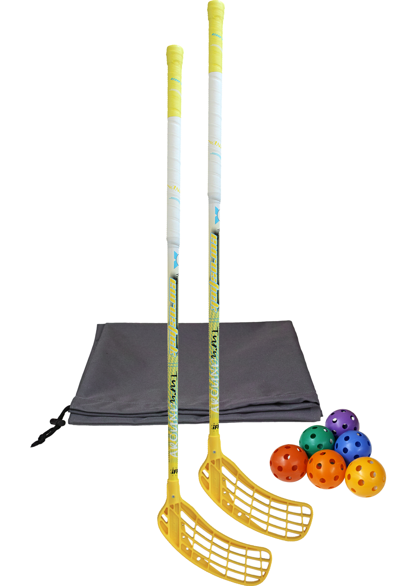 Zwei gelbe Floorballschläger mit Griffband, sechs bunte Perforationsbälle und eine graue Tragetasche