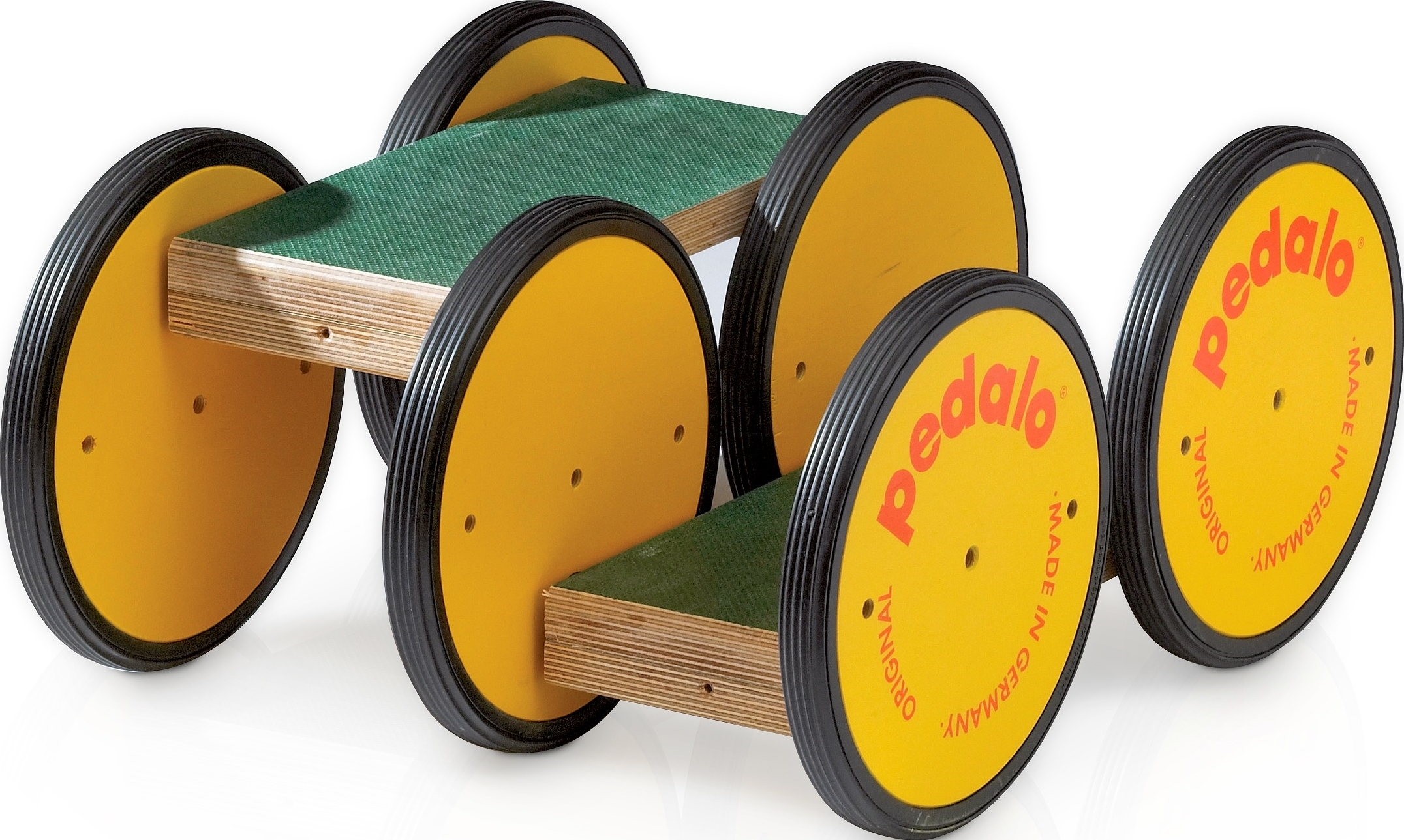 Pedalo Balanciergerät, gelbe Holzräder, Balanciertraining für Kinder