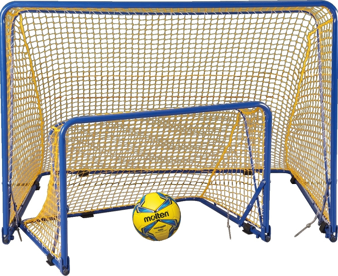 Zwei Fußballtore mit unterschiedlicher Größe begleitet von einem gelben Fußball, geeignet für den Garten oder den Park.