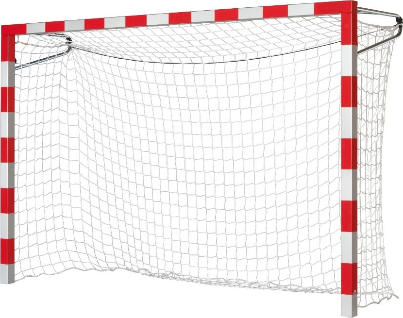 Handballtor mit rot-weißen Streifen und Netz, geeignet für sportliche Aktivitäten im Innen- und Außenbereich