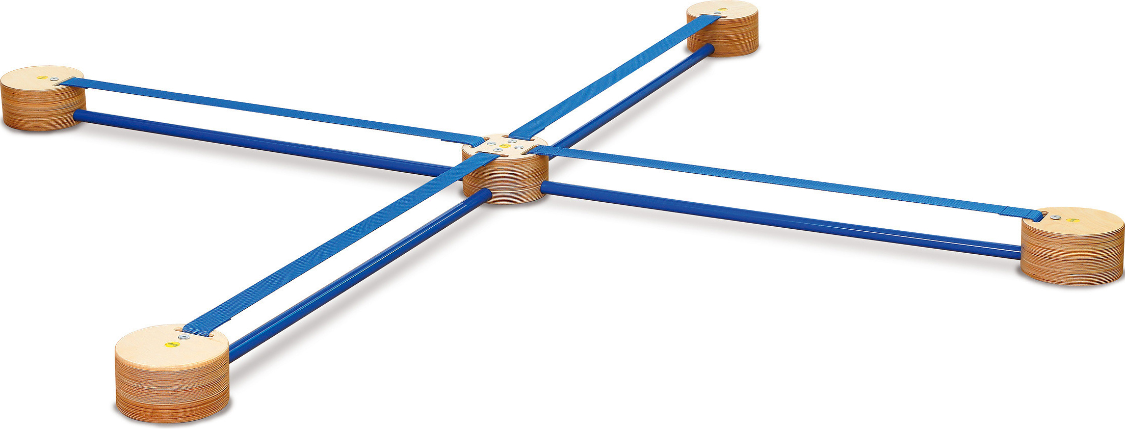 Balancierkreuz aus Holz mit blauen Stäben und Bändern, ideal für Koordinationsübungen