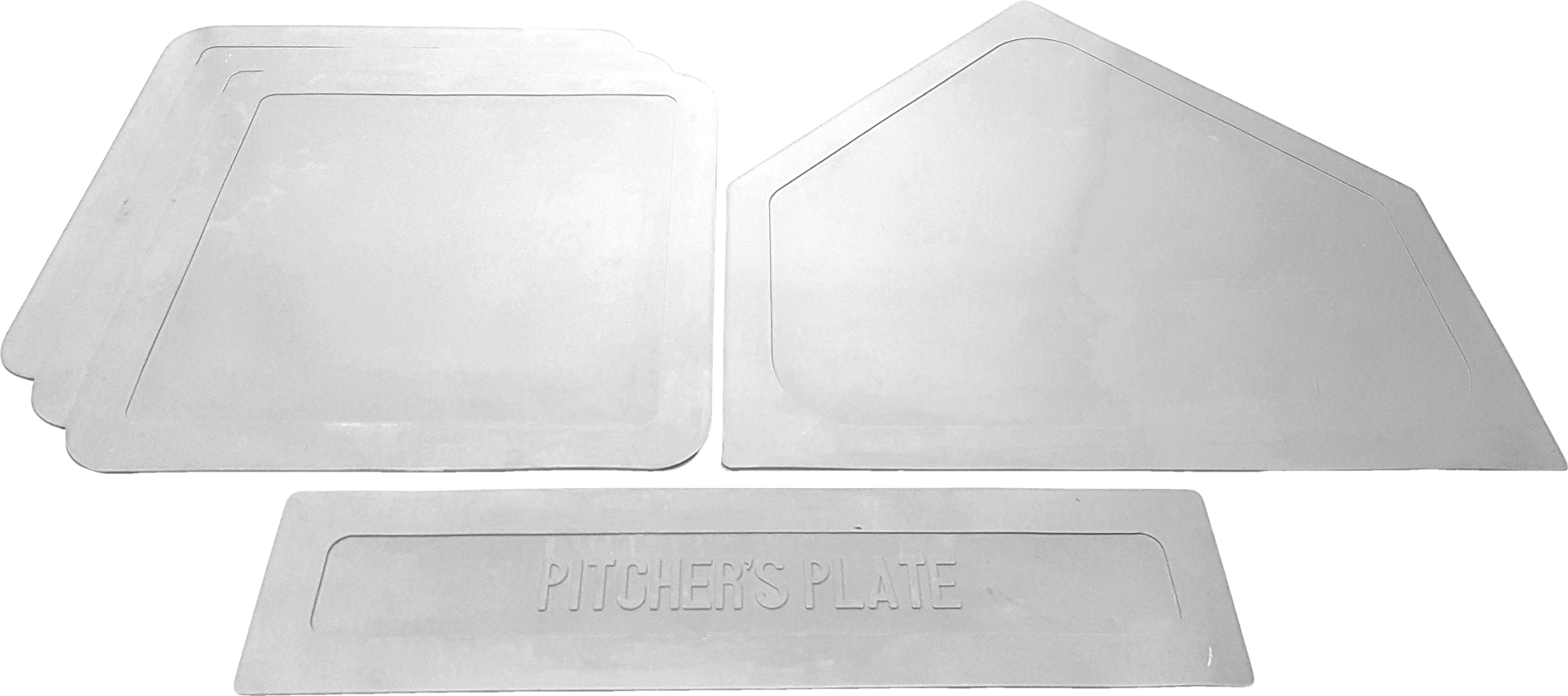 Ein Set aus drei weißen Baseball-Basen und einer Pitcher's Plate aus Kunststoff, für den Einsatz auf dem Spielfeld.