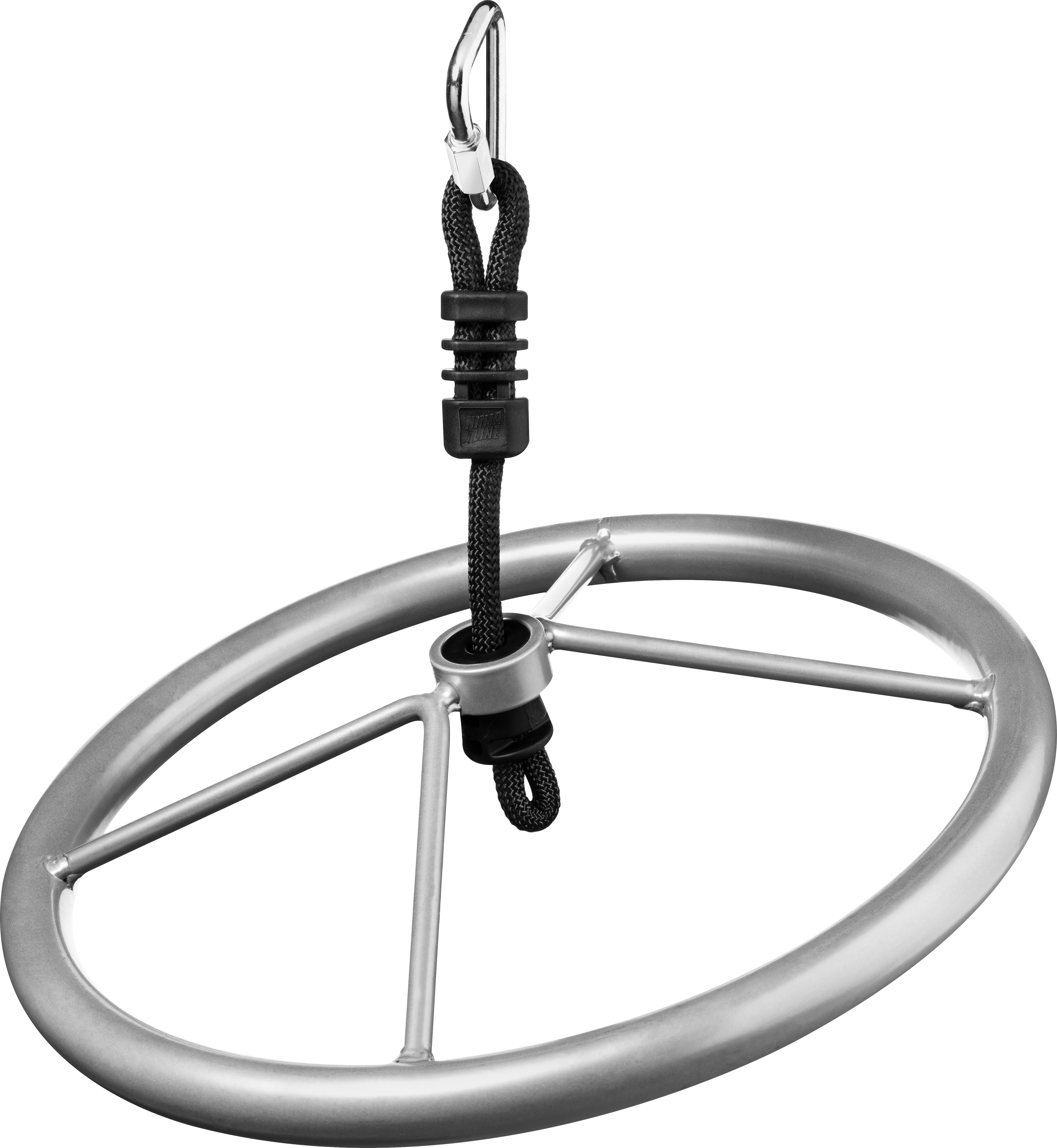 Ein stabiler Aluminiumring mit integriertem Haken und schwarzem Seil, ideal zur sicheren Aufhängung geeignet.
