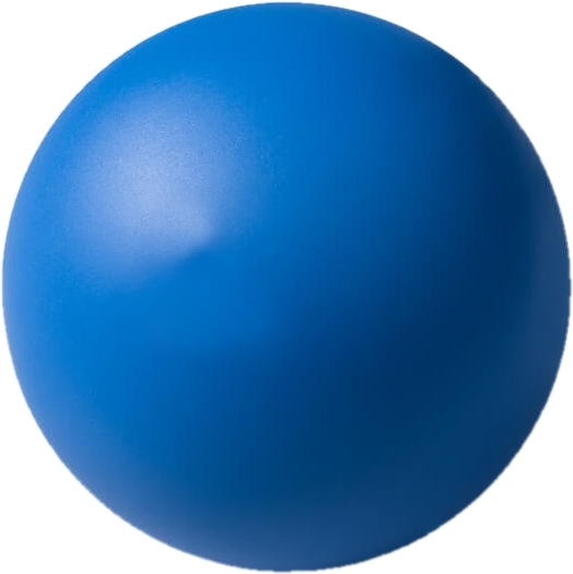 Runder blauer Gummiball vor weißem Hintergrund