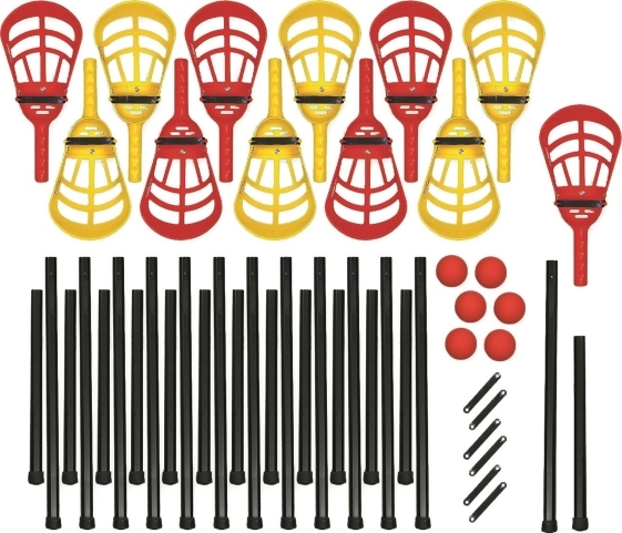 Ein Set aus Fangspielen in den Farben Gelb und Rot inklusive schwarzer Stangen und roter Bälle