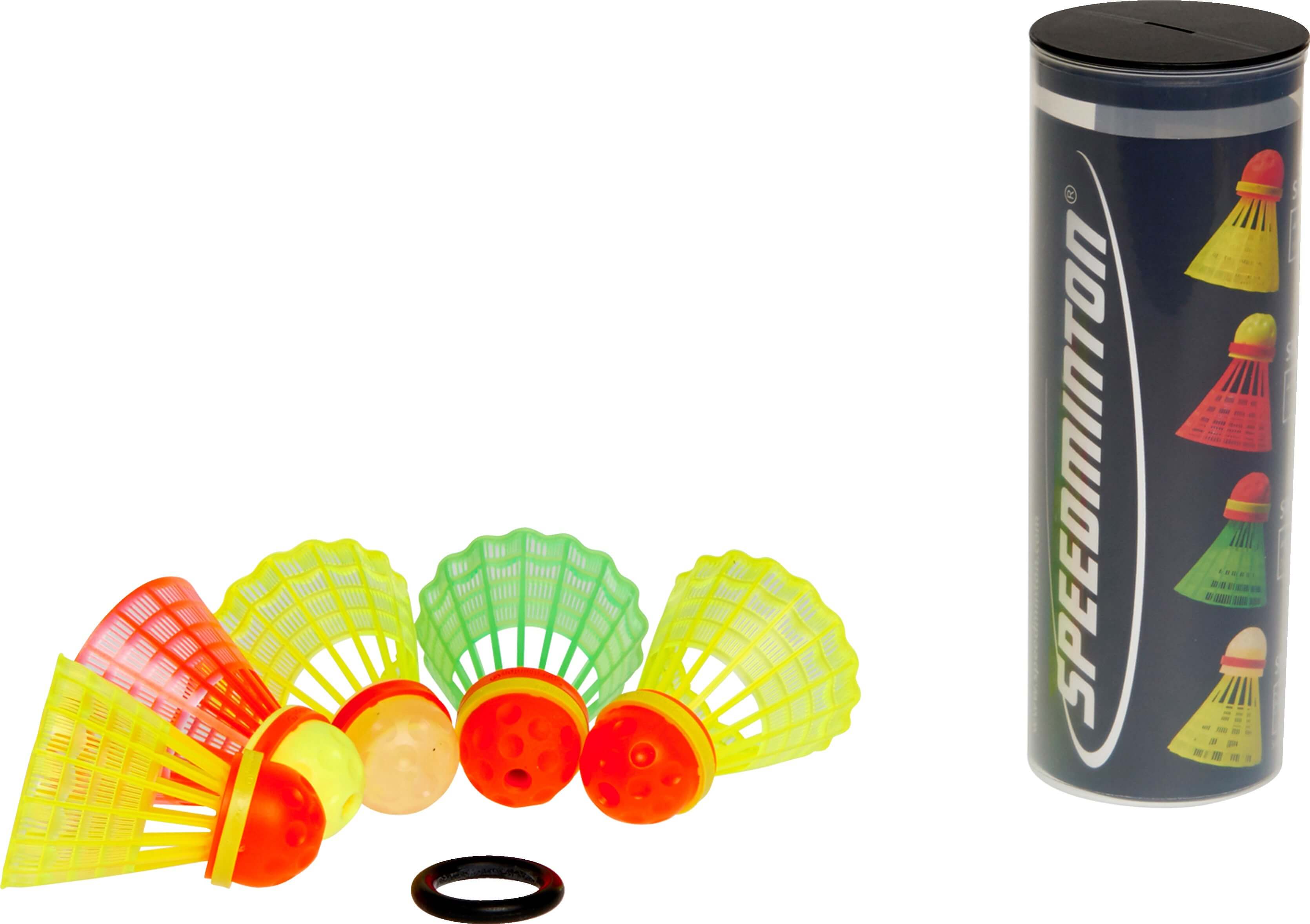 Ein Set aus bunten Speedminton Federbällen in Neonfarben mit einer schwarzen Aufbewahrungsdose