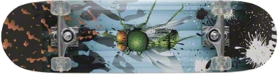 Skateboard mit künstlerischem Design, Insektenmotiv und Farbspritzern auf der Oberfläche