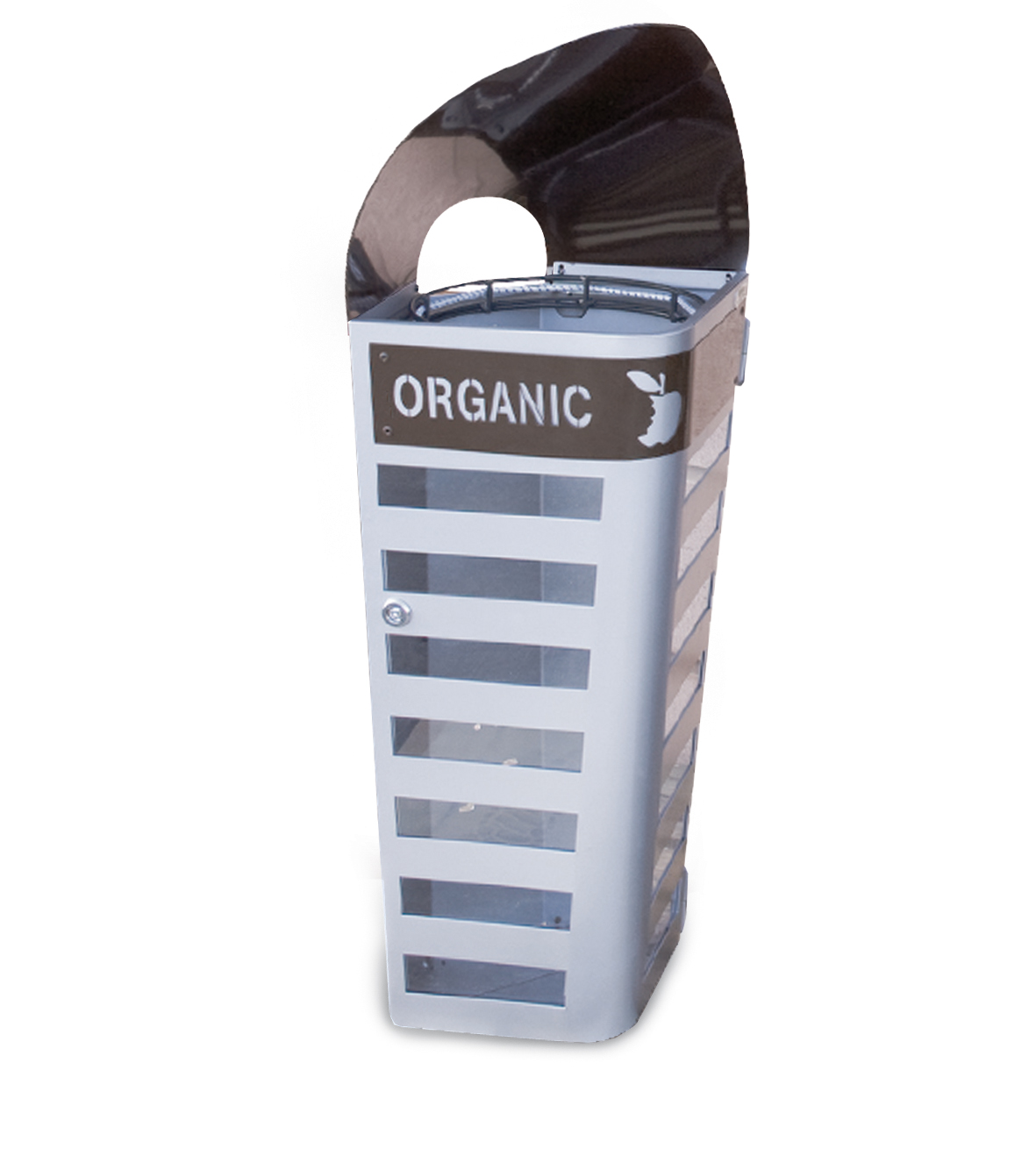 Moderner Metallmülleimer mit der Aufschrift 'ORGANIC', ideal für die Entsorgung organischer Abfälle in städtischen Bereichen