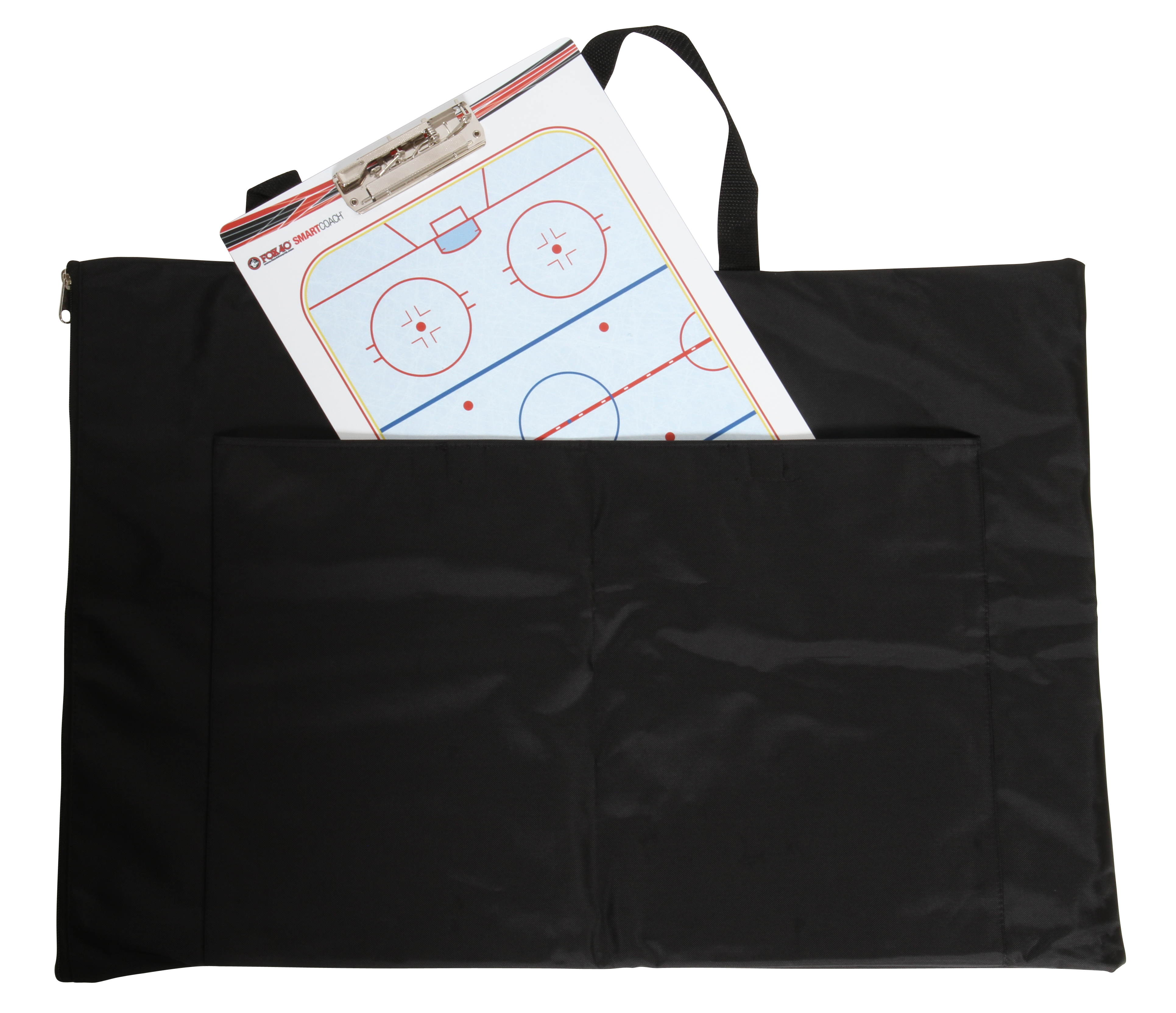 Schwarze Eishockey-Trainingsmappe mit einem eingebauten Clipboard, das ein Eishockey-Spielfeld zeigt