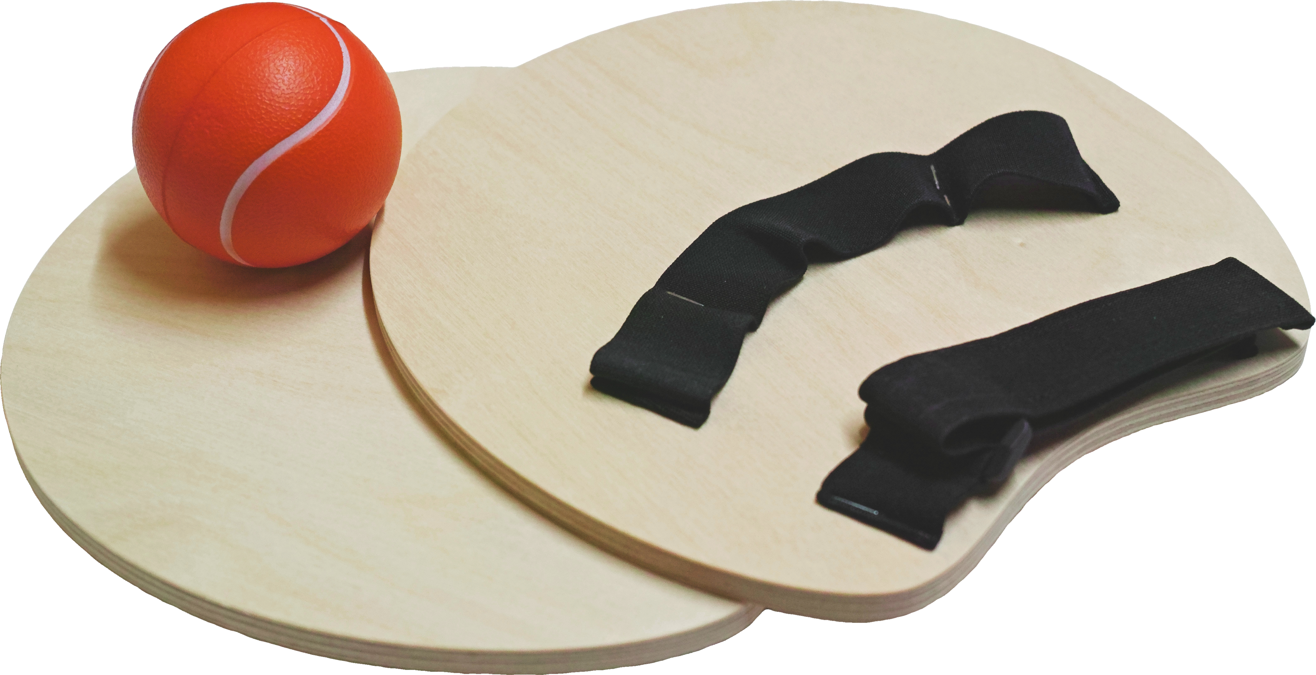 Holzballspiel-Set mit zwei runden Holzschlägern mit schwarzen Riemen und einem roten Ball