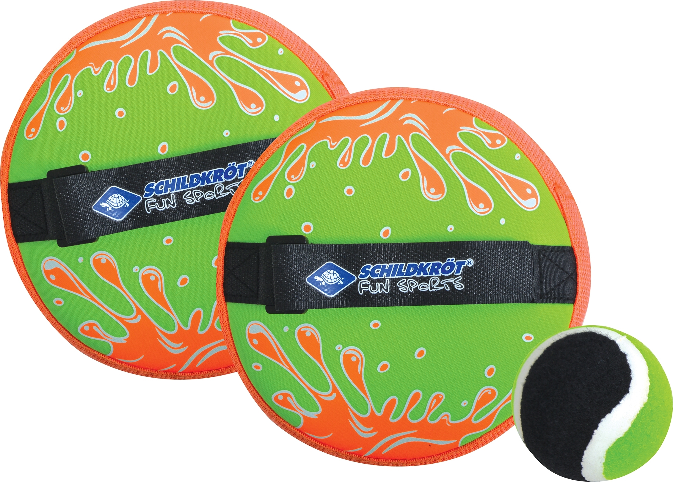 Schildkröt Fangball-Set bestehend aus zwei grünen und orangefarbenen Klettpaddles mit Ball