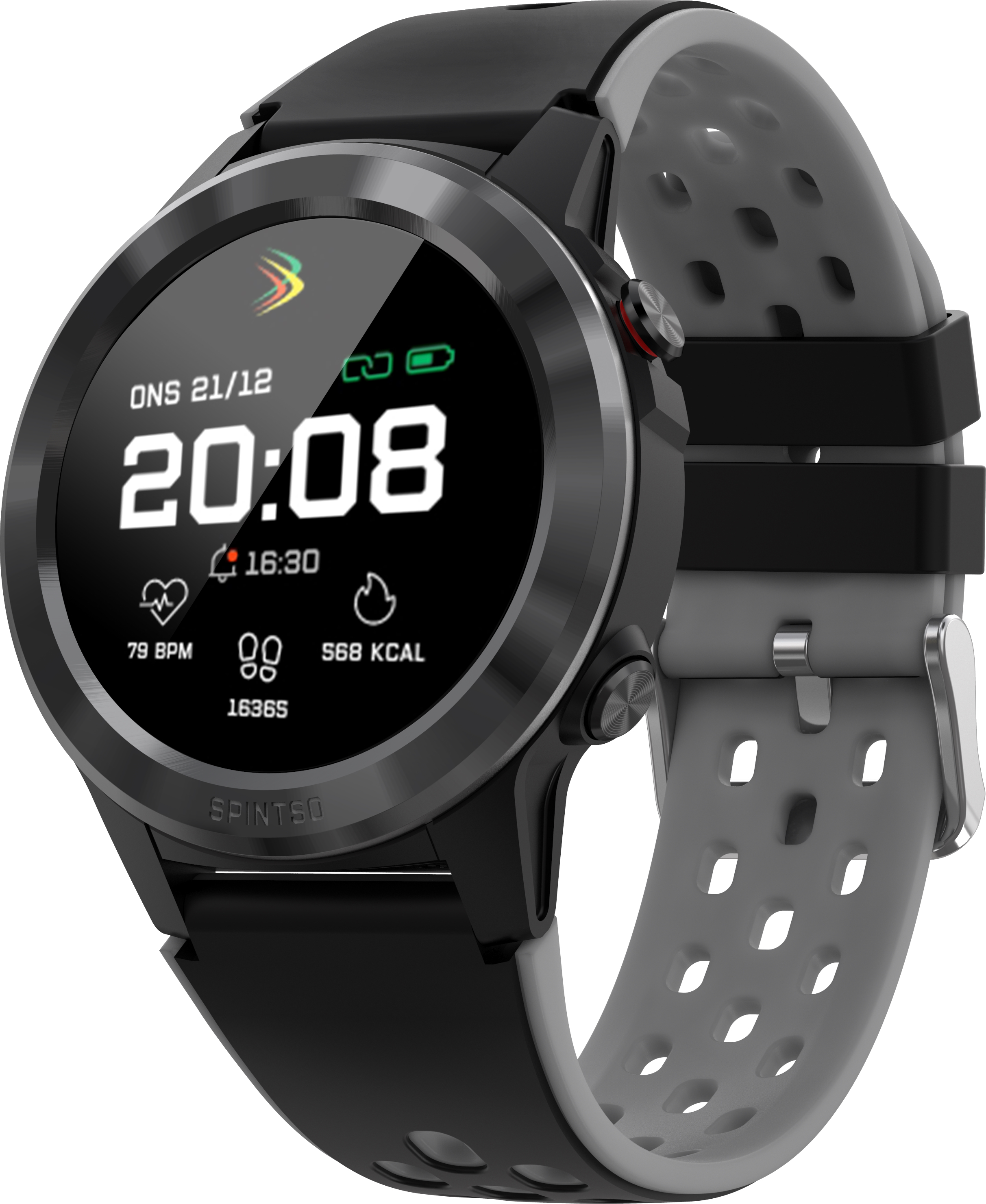 Moderne Smartwatch mit rundem Display, Herzfrequenzmesser und Kalorienanzeige, schwarzes Armband