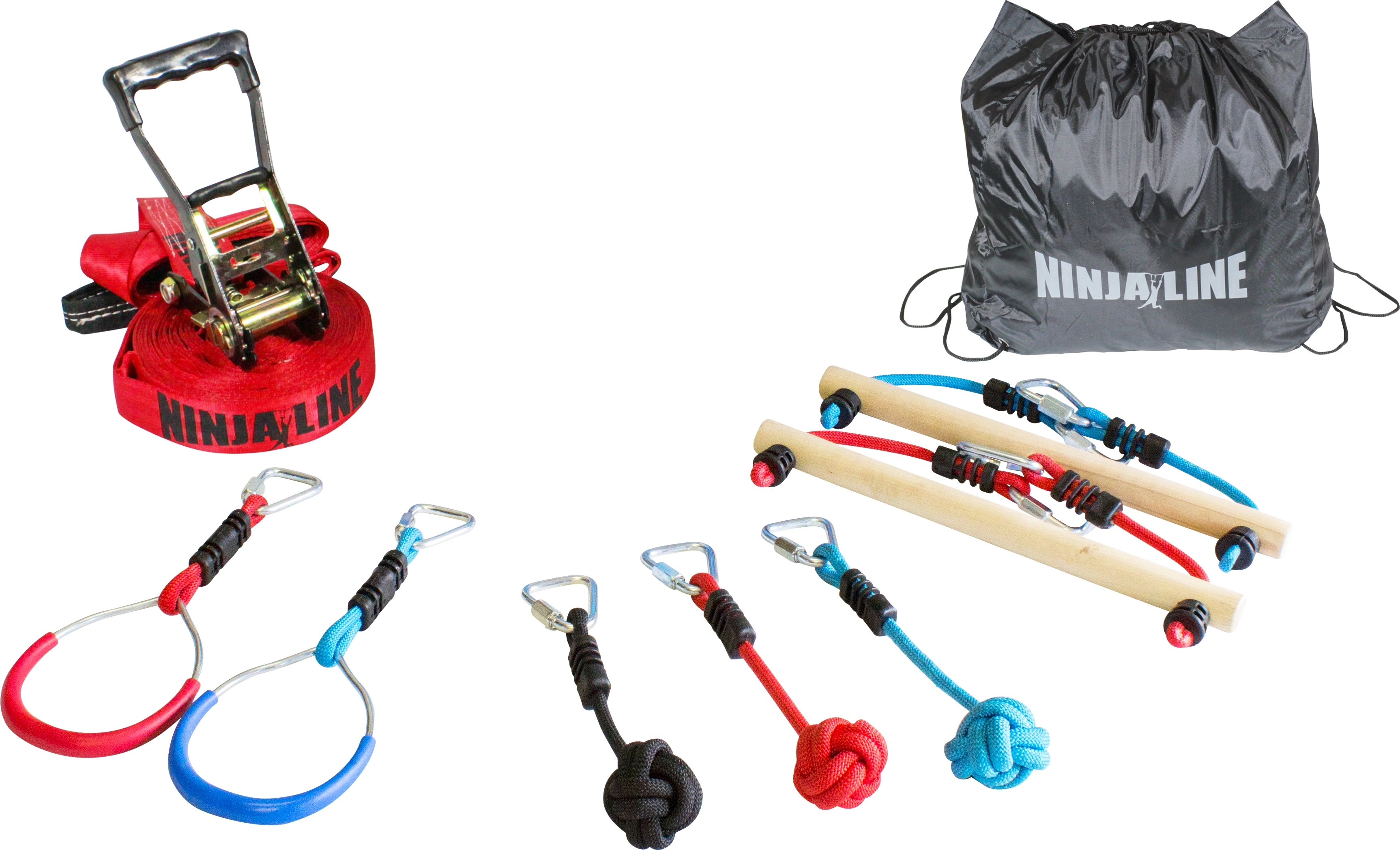 Ninjaline Set bestehend aus rotem Gurtband, Kletterseilen, Holzbalken und Transporttasche