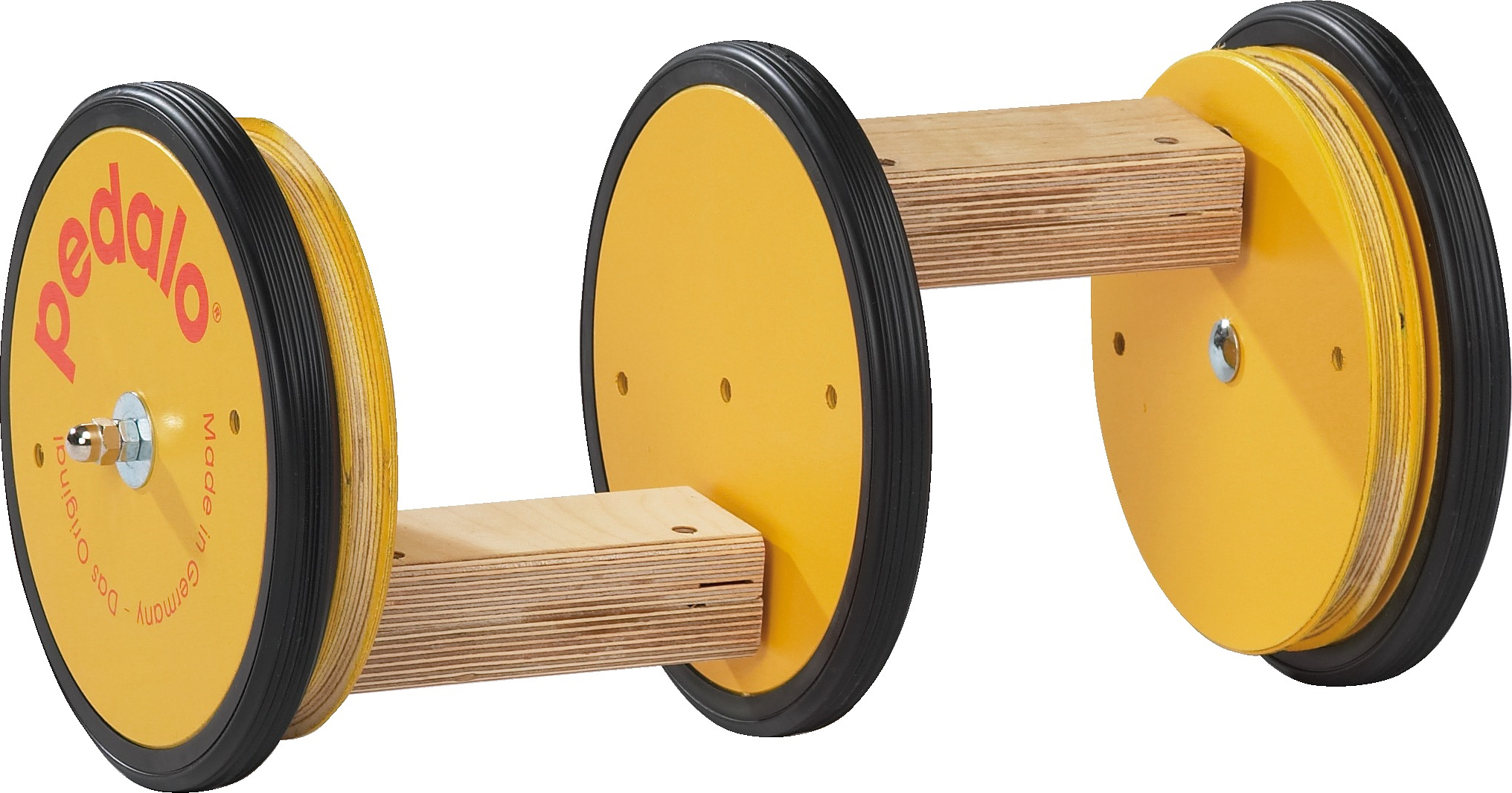 Pedalo Balance-Übungsgerät aus Holz mit gelben Rollen zur Förderung der Balance und Koordination
