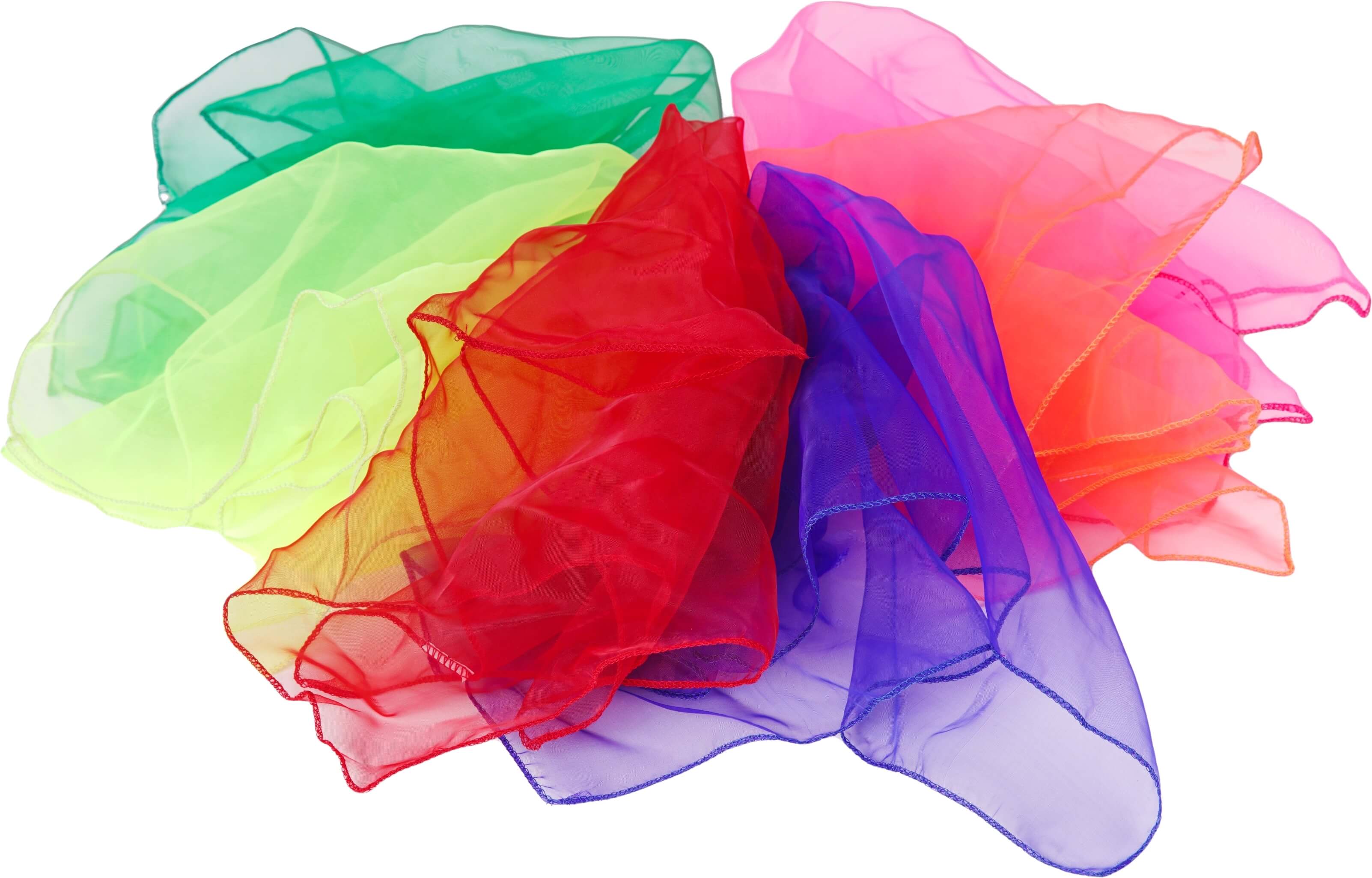 Ein Set aus bunten Schleiertüchern in verschiedenen Farben, ideal für Tanz und Jonglage.