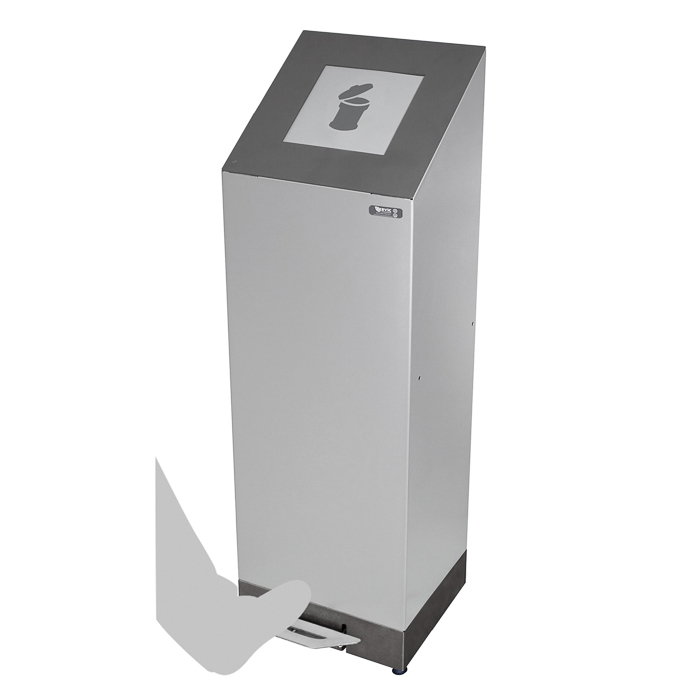 Silberner Edelstahl-Abfalleimer mit Fußpedal und Müllsymbol auf dem Deckel zur berührungslosen Nutzung