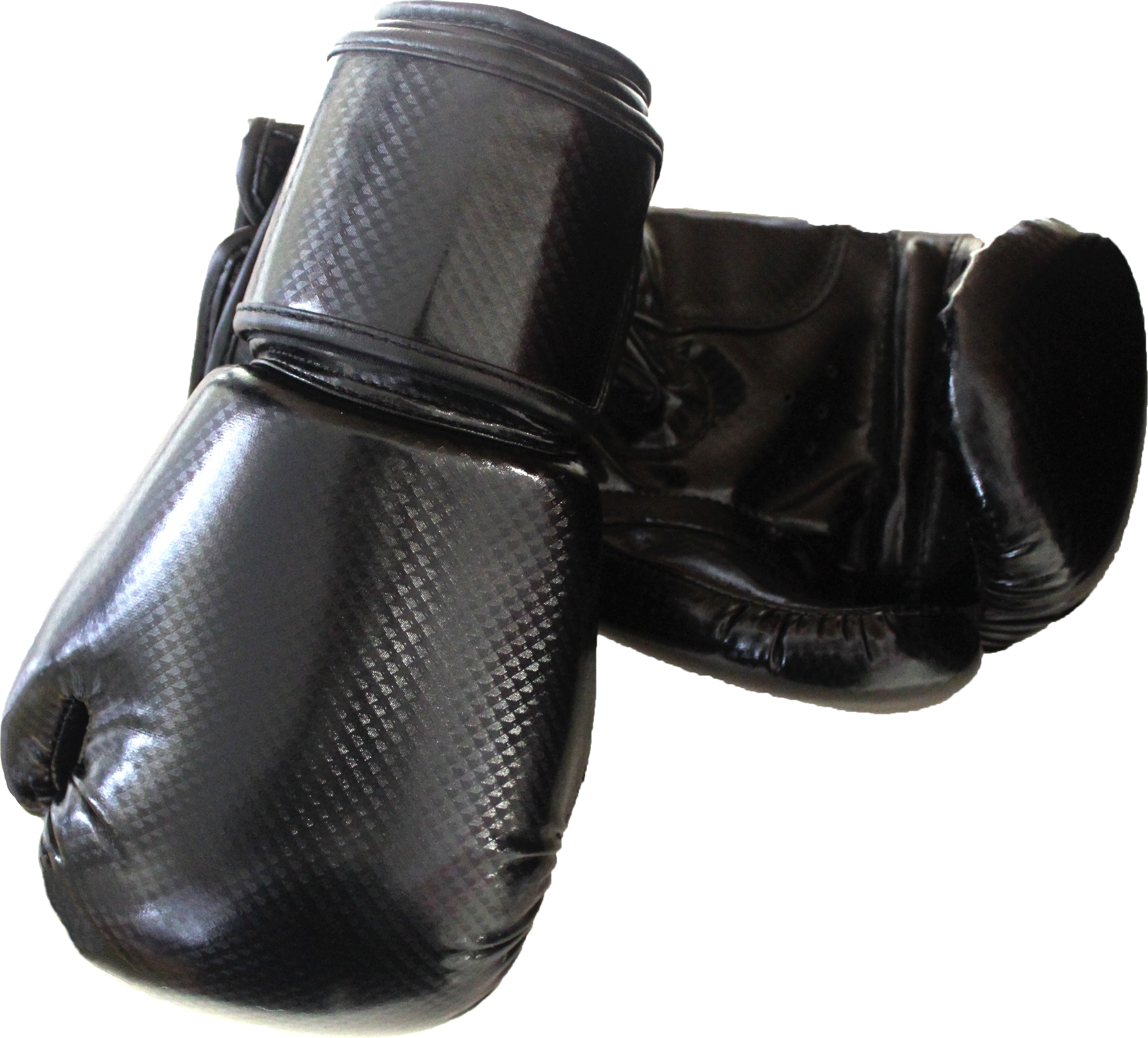 Ein Paar schwarze Boxhandschuhe mit einem glänzenden Finish und ergonomischem Design, ideal für Wettkämpfe und Training