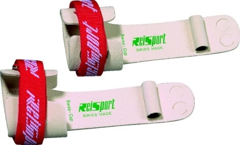 Paar rote und weiße Reisport Riemchen für den Turnsport, hergestellt in der Schweiz