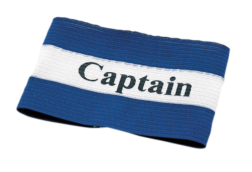 Blaue und weiße Kapitänsbinde mit der Aufschrift 'Captain'