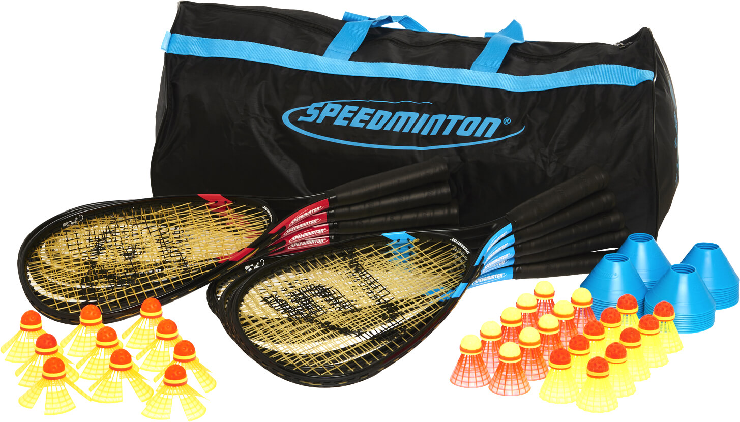 Speedminton Set bestehend aus Schlägern, Bällen, Markierungskegeln und Tragetasche