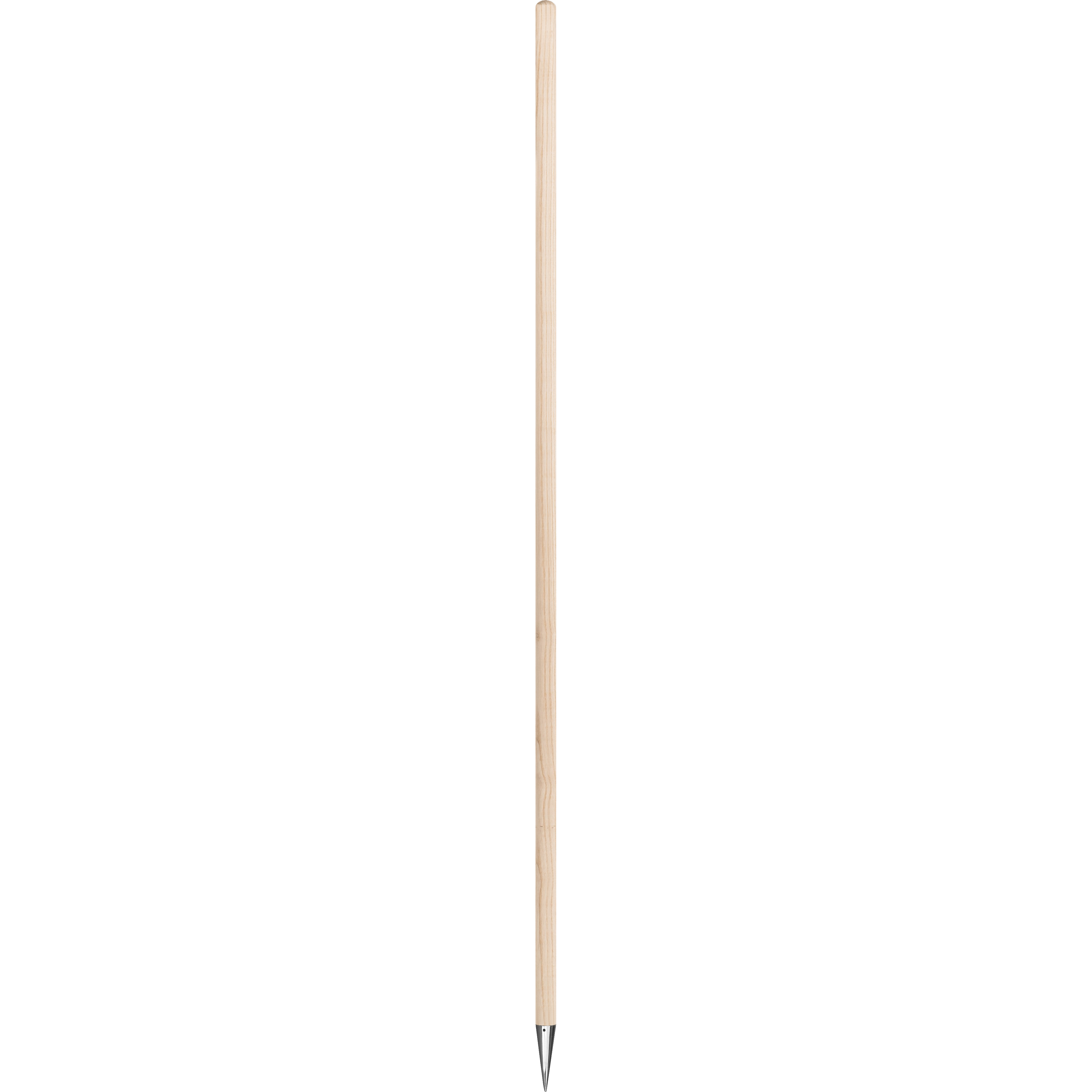 Langer Holzstiel mit scharfer Metallspitze, ideal für Gartenwerkzeuge wie Besen oder Rechen.