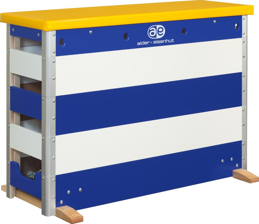 Turnbank aus Holz mit blau-weißem Streifendesign und gelber Polsterung, Markenlogo sichtbar