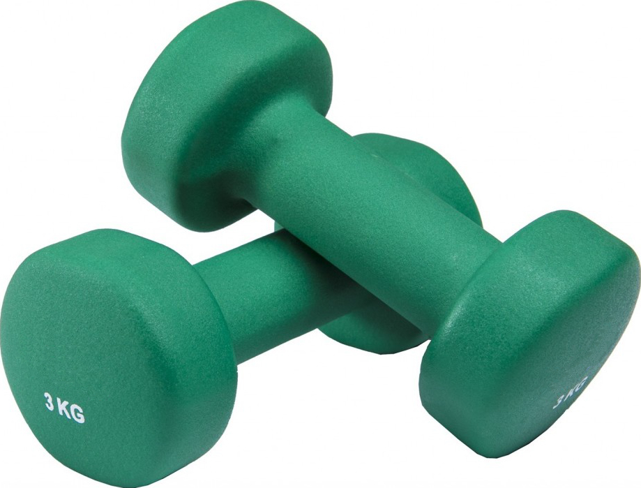Ein Paar grüne 3 KG Hanteln aus Neopren, ideal für Heimtraining und Fitnessübungen