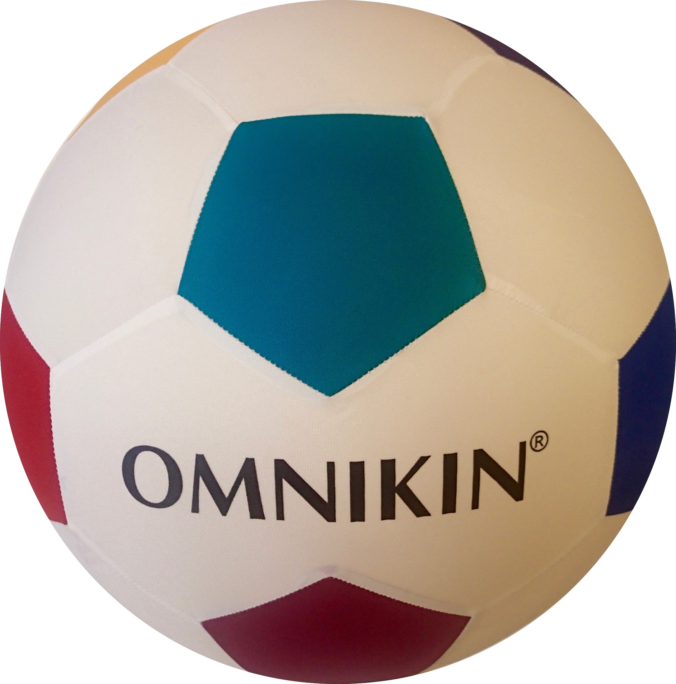 Ein mehrfarbiger Omnikin Ball mit blauem, rotem und weißem Design, ideal für Sport und Freizeit.