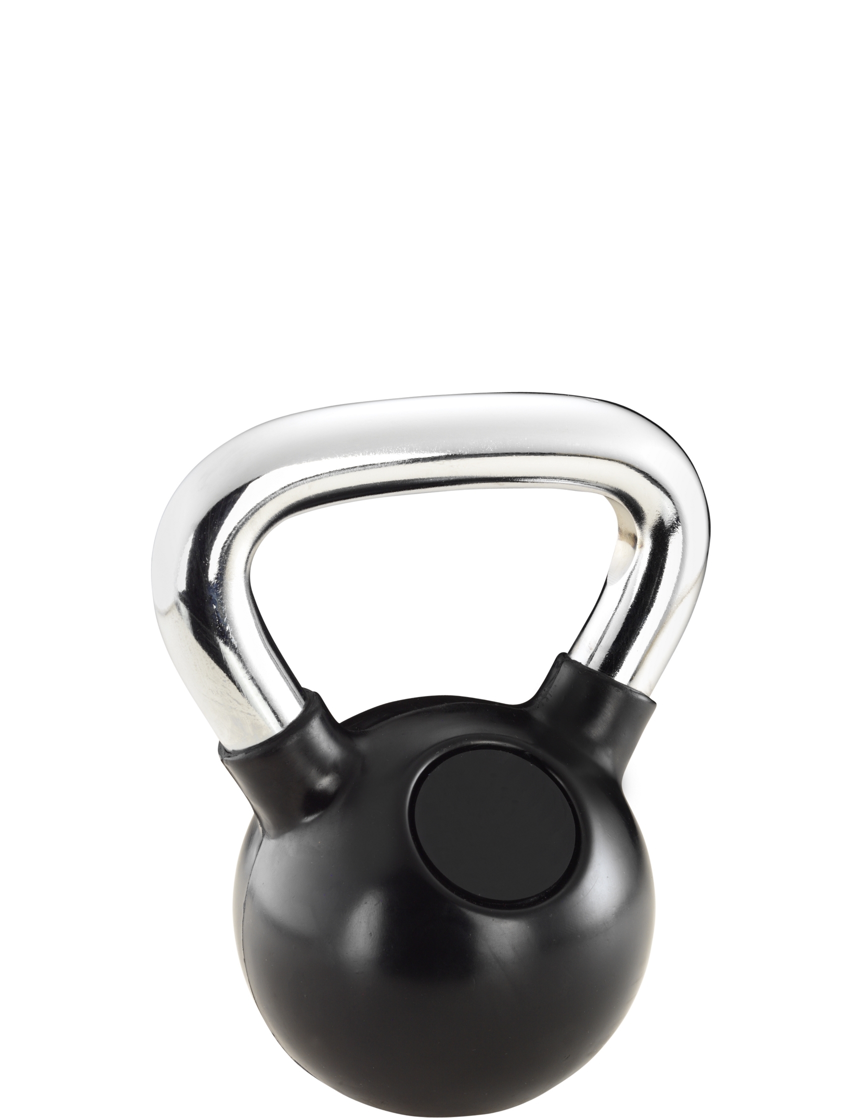 Schwarze Metall-Kettlebell mit verchromtem Griff auf weißem Hintergrund
