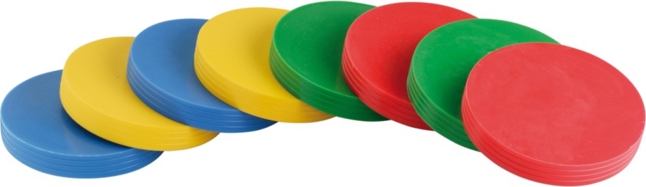 Acht stapelbare Markierscheiben in den Farben Blau, Gelb, Rot und Grün