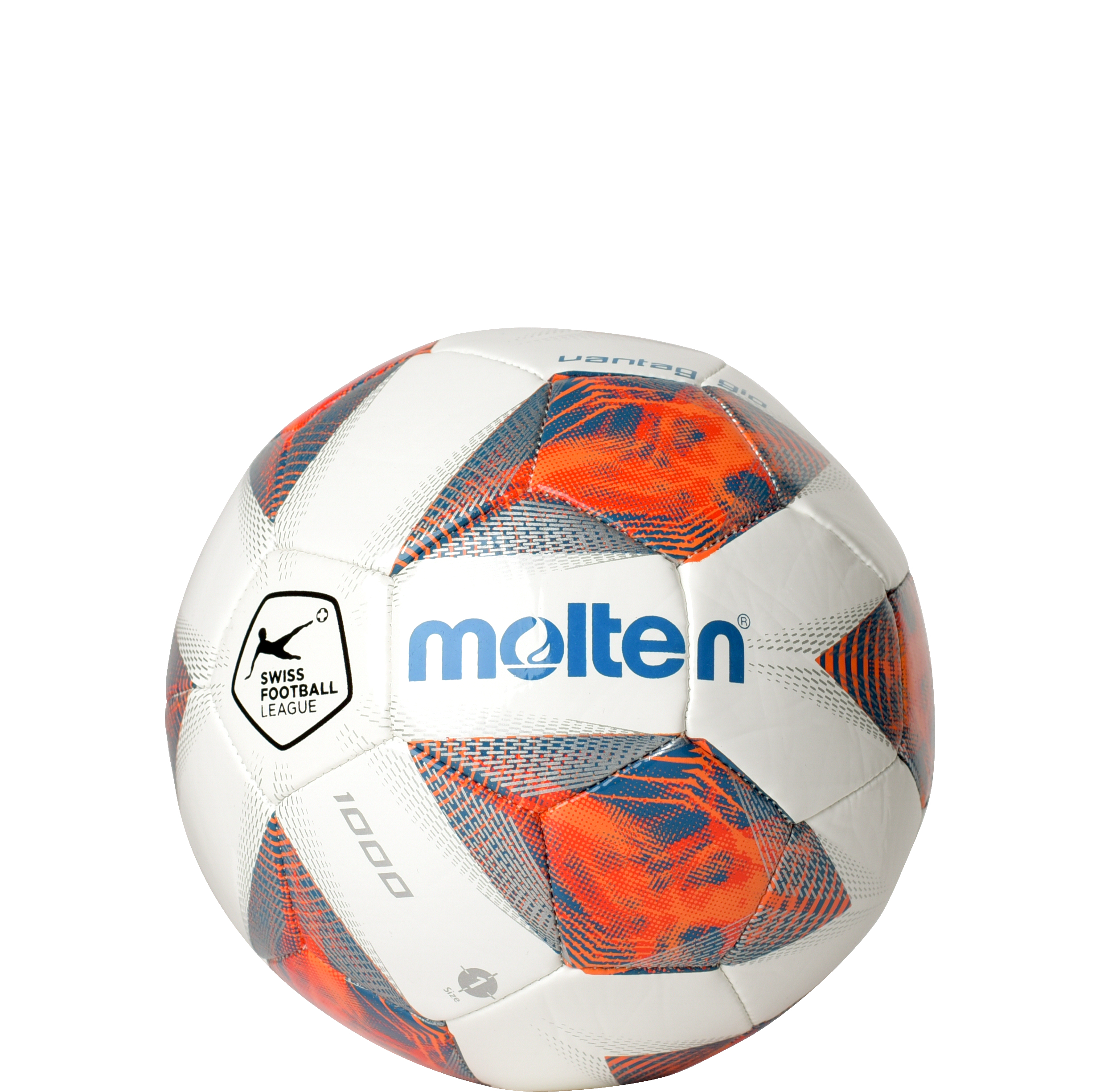 Molten Fußball der Swiss Football League, verziert mit roten und grauen Mustern auf weißem Hintergrund.