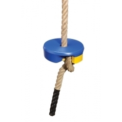 Blauer Tellerschaukelgriff aus Kunststoff mit beige-schwarzem Kletterseil für den Spielplatz