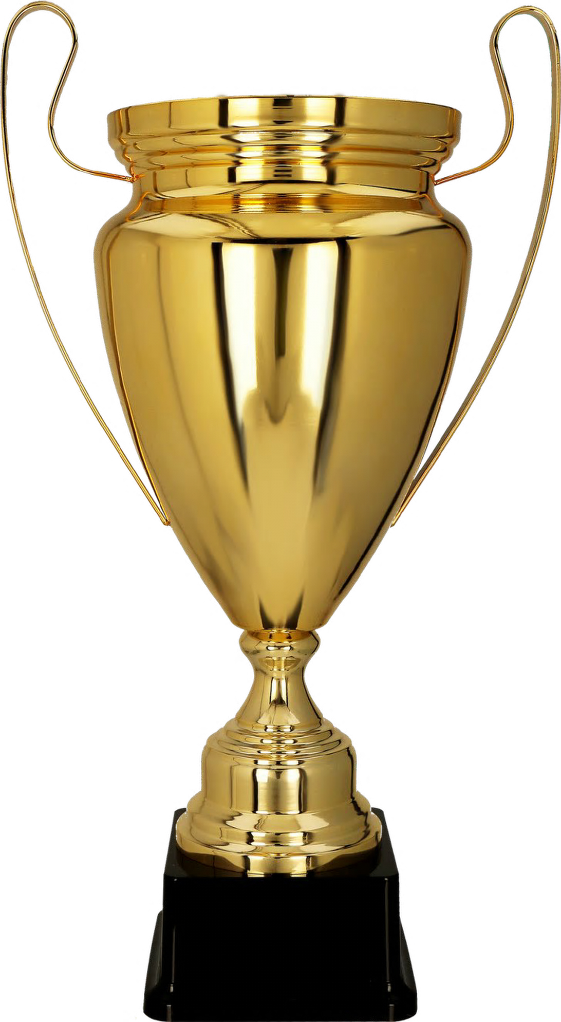 Ein glänzender goldener Siegerpokal mit zwei Griffen und schwarzem Sockel, ideal für Auszeichnungen.