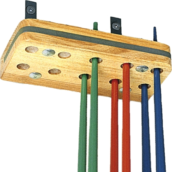 Holzwandhalterung für Besen in verschiedenen Farben, montiert an der Wand